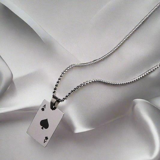 1Pc Men'S Stainless Steel Sweater Chain Poker Card Shaped Pendant Necklace, Including One Spades a and One Heart Shaped Pendant