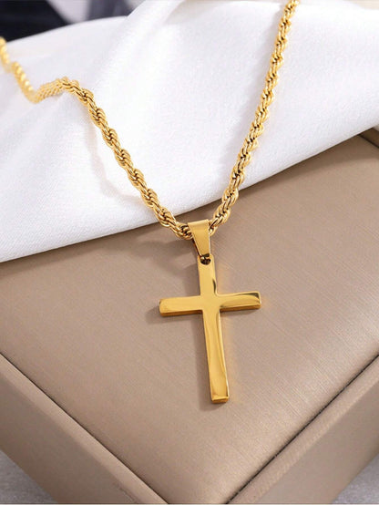 1Pc New Fashion Black Stainless Steel Titanium Steel Men'S Cross Pendant, Twisted Chain Necklace, Suitable for Men'S Daily Wear Jewelry Gift